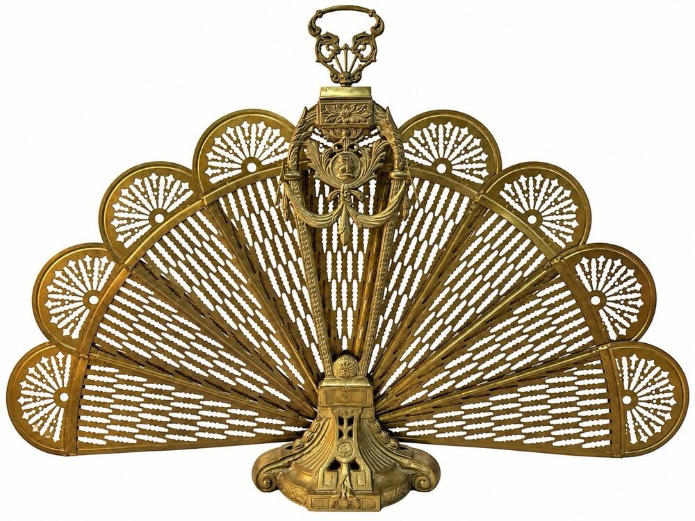 Antique Brass Peacock Fan Fireplace Screen Cameo Folding Victorian 37”